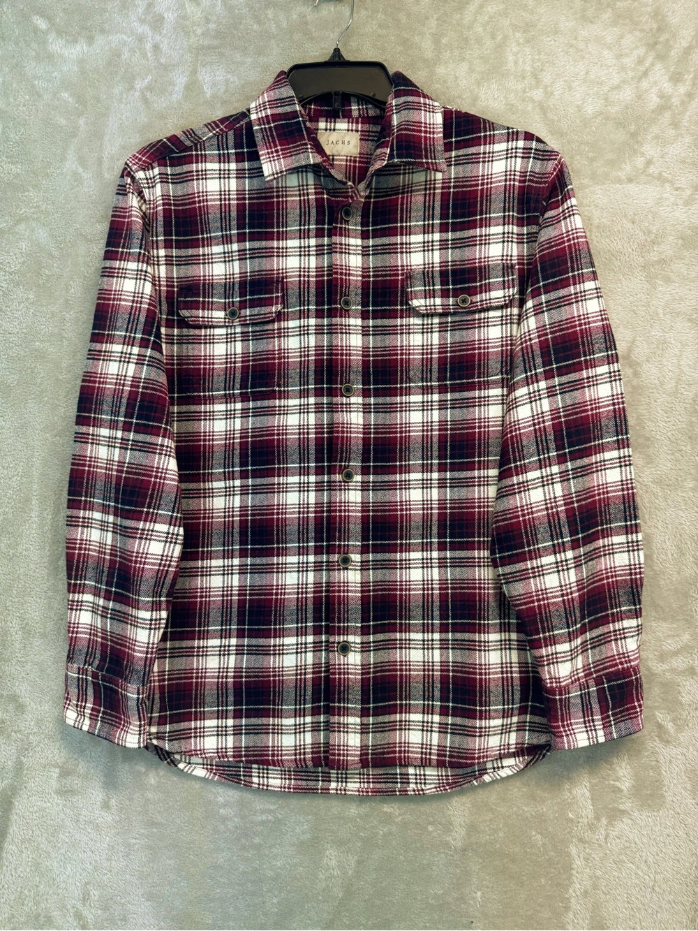 Jachs Thick Flannel Check Plaid Button Up Shirt Mens L burgundy Long Sleeve